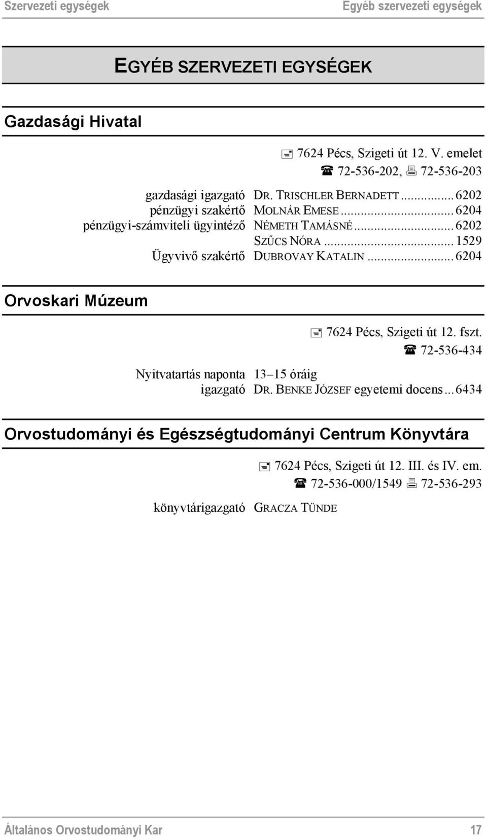 ..6202 SZŰCS NÓRA...1529 Ügyvivő szakértő DUBROVAY KATALIN...6204 Orvoskari Múzeum 7624 Pécs, Szigeti út 12. fszt.