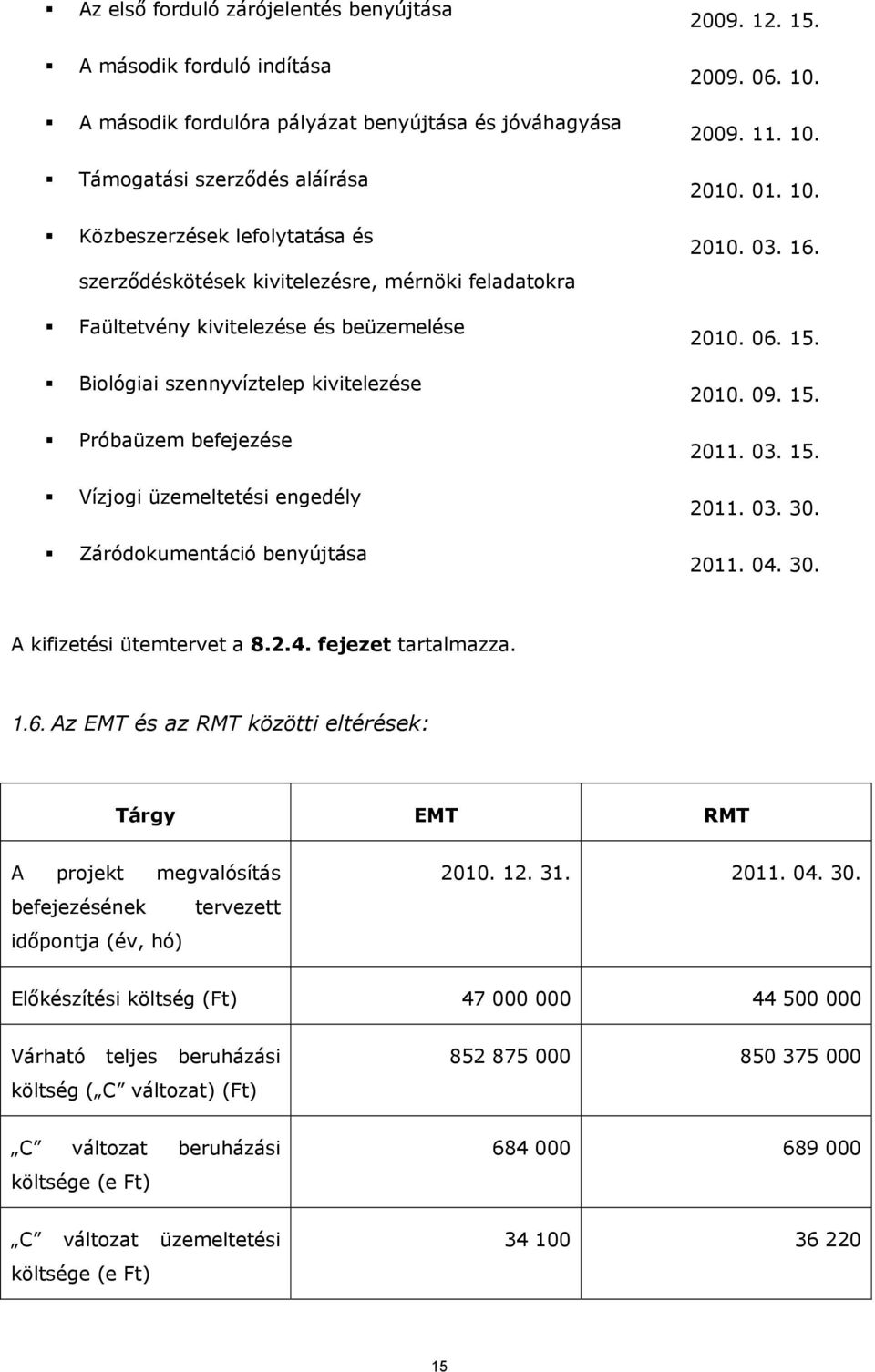 12. 15. 2009. 06. 10. 2009. 11. 10. 2010. 01. 10. 2010. 03. 16. 2010. 06. 15. 2010. 09. 15. 2011. 03. 15. 2011. 03. 30. 2011. 04. 30. A kifizetési ütemtervet a 8.2.4. fejezet tartalmazza. 1.6. Az EMT és az RMT közötti eltérések: Tárgy EMT RMT A projekt megvalósítás befejezésének tervezett időpontja (év, hó) 2010.