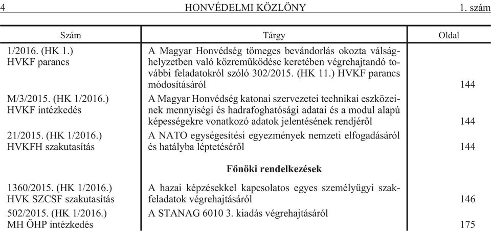 ) HVKFH szakutasítás Szám Tárgy Oldal A Magyar Honvédség tömeges bevándorlás okozta válsághelyzetben való közremûködése keretében végrehajtandó további feladatokról szóló 302/2015. (HK 11.