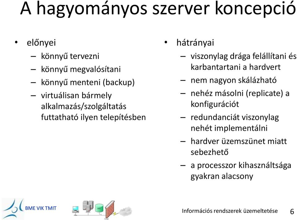 felállítani és karbantartani a hardvert nem nagyon skálázható nehéz másolni (replicate) a konfigurációt