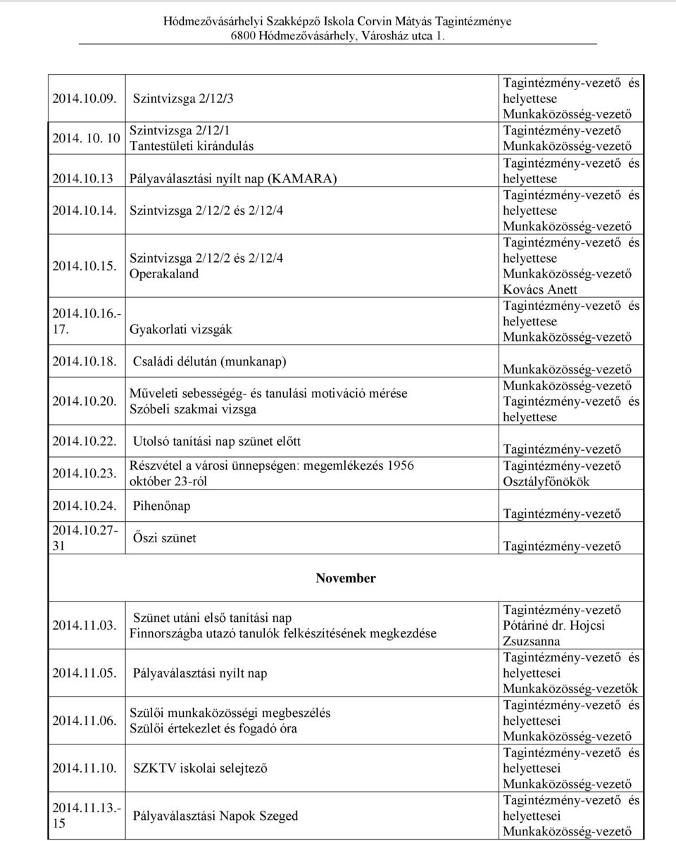 10.22. Utolsó tanítási nap szünet előtt 2014.10.23. 2014.10.24. Pihenőnap 2014.10.27-31 Részvétel a városi ünnepségen: megemlékezés 1956 október 23-ról Őszi szünet és helyettese és helyettese és