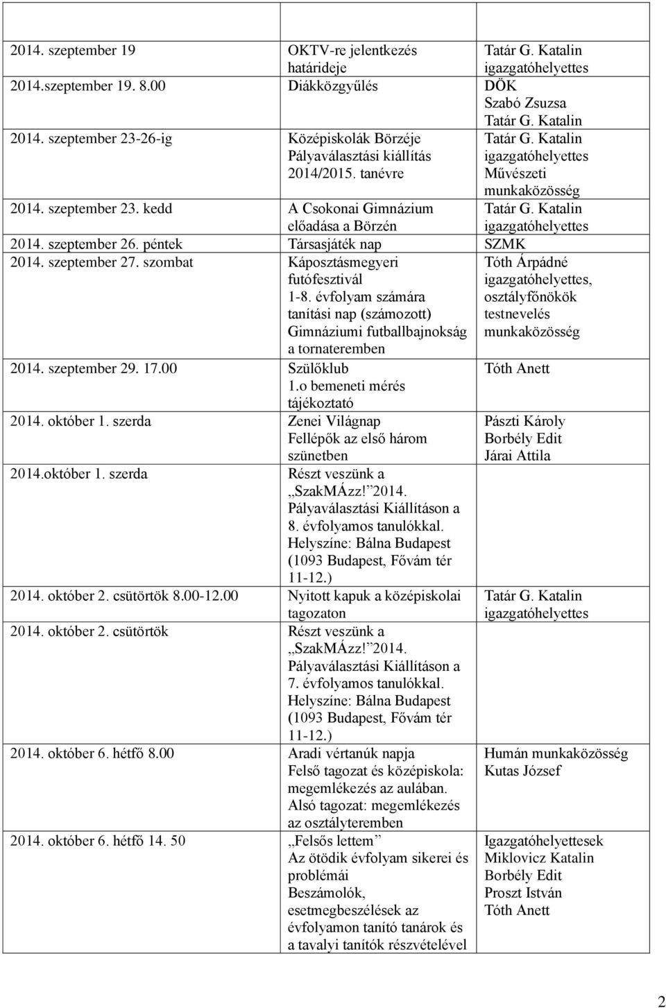 évfolyam számára tanítási nap (számozott) Gimnáziumi futballbajnokság a tornateremben 2014. szeptember 29. 17.00 Szülőklub 1.o bemeneti mérés tájékoztató 2014. október 1.