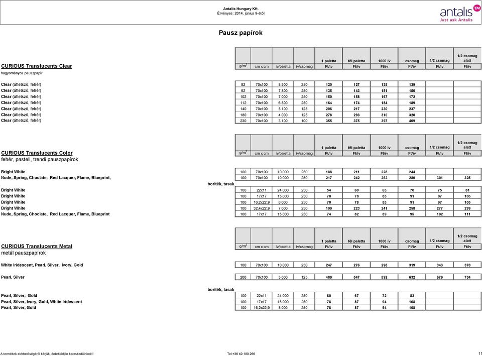 230 237 Clear (áttetsző, fehér) 180 70x100 4 000 125 278 293 310 320 Clear (áttetsző, fehér) 230 70x100 3 100 100 355 375 397 409 1 paletta fél paletta 1000 ív csomag CURIOUS Translucents Color