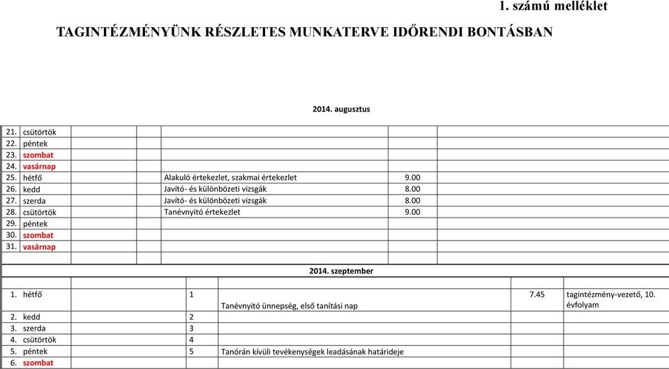 csütörtök Tanévnyitó értekezlet 9.00 29. péntek 30. szombat 31. vasárnap 2014. szeptember 1. hétfő 1 Tanévnyitó ünnepség, első tanítási nap 2.