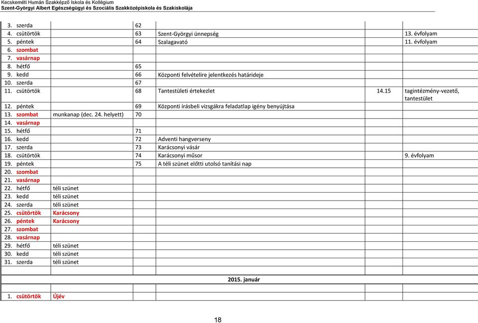 péntek 69 Központi írásbeli vizsgákra feladatlap igény benyújtása 13. szombat munkanap (dec. 24. helyett) 70 14. vasárnap 15. hétfő 71 16. kedd 72 Adventi hangverseny 17.