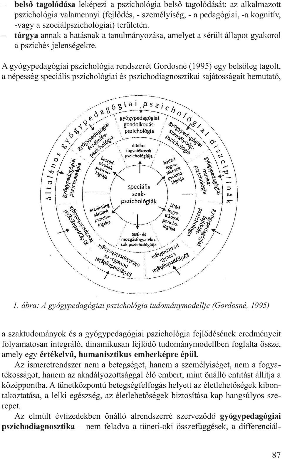 A gyógypedagógiai pszichológia rendszerét Gordosné (1995) egy belsőleg tagolt, a népesség speciális pszichológiai és pszichodiagnosztikai sajátosságait bemutató, 1.