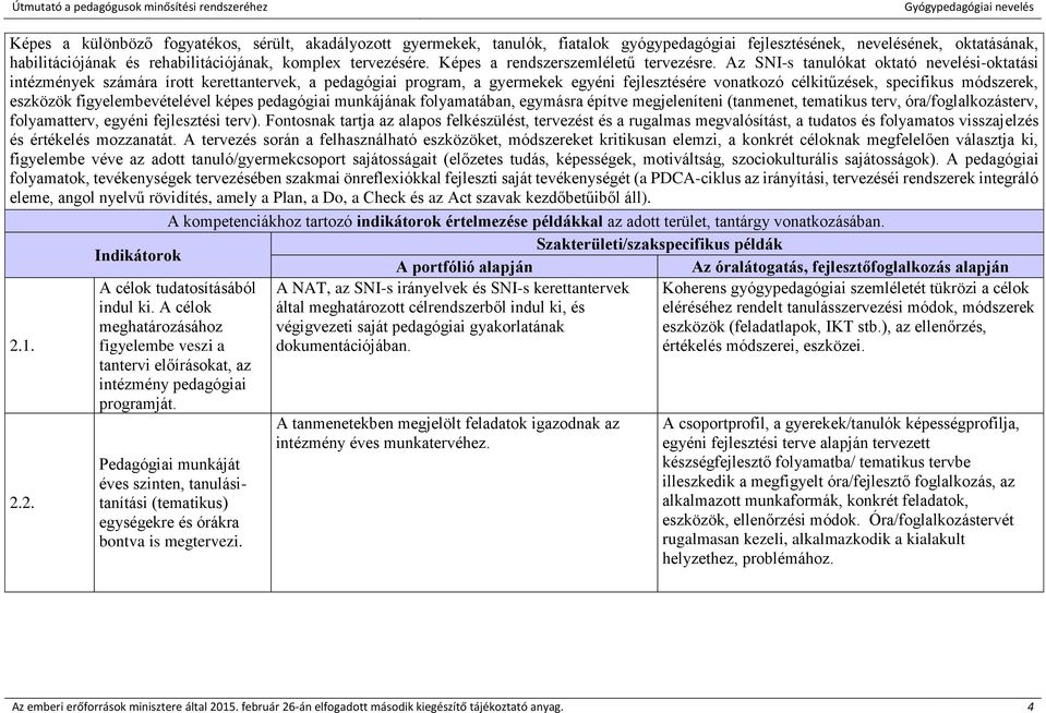 Az SNI-s tanulókat oktató nevelési-oktatási intézmények számára írott kerettantervek, a pedagógiai program, a gyermekek egyéni fejlesztésére vonatkozó célkitűzések, specifikus módszerek, eszközök