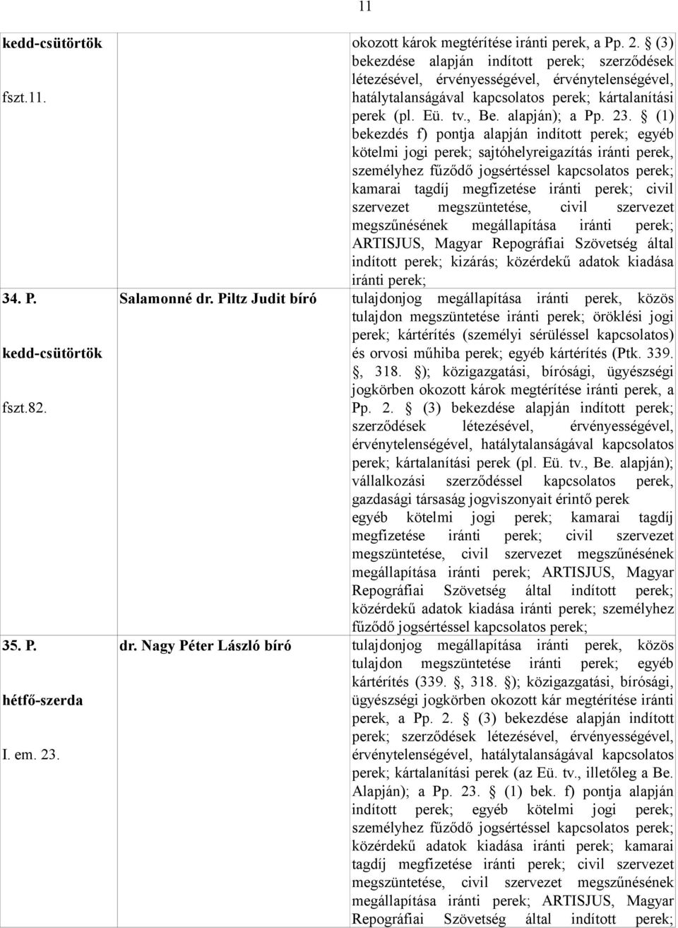 (3) bekezdése alapján indított szerződések létezésével, érvényességével, érvénytelenségével, hatálytalanságával kapcsolatos kártalanítási perek (pl. Eü. tv., Be. alapján); a Pp. 23.