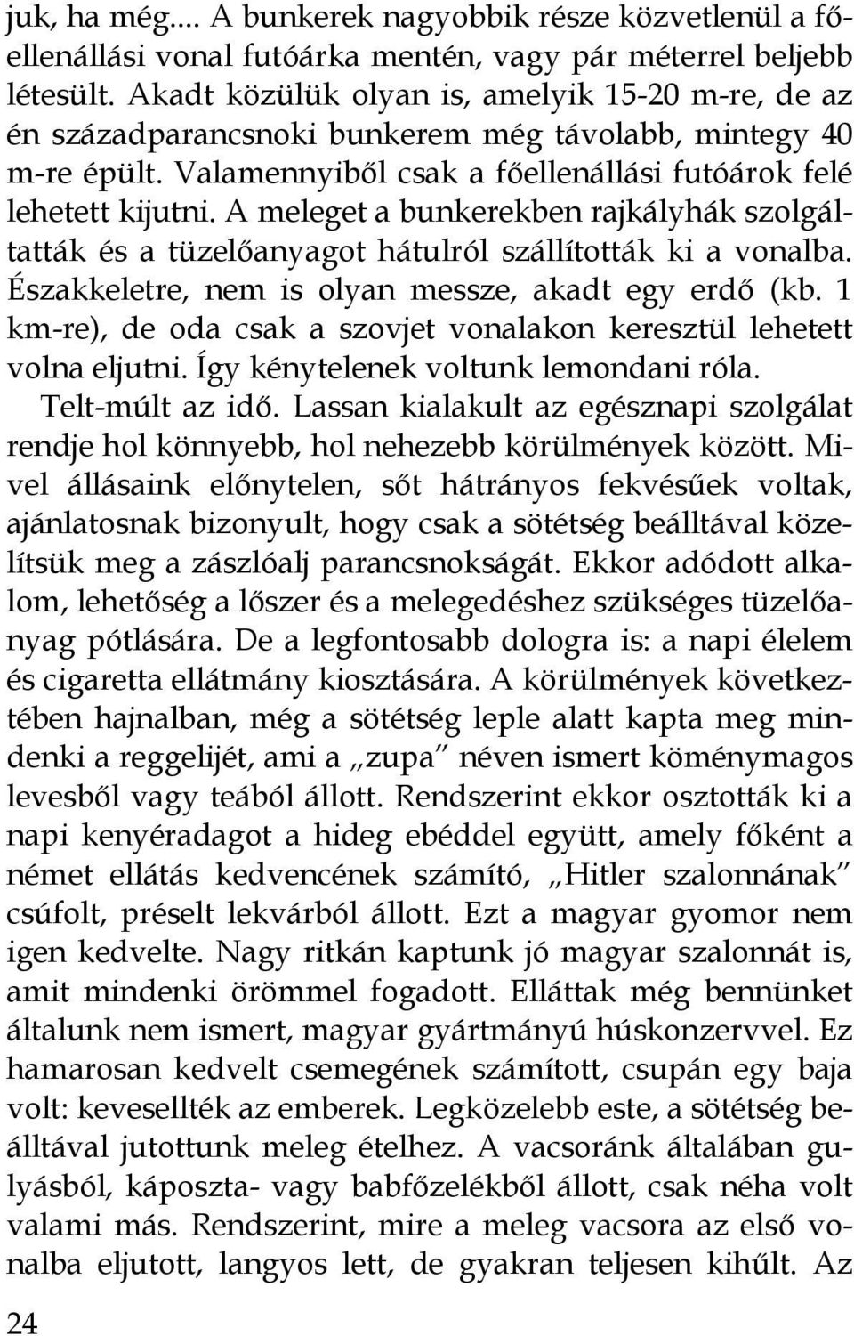 A meleget a bunkerekben rajkályhák szolgáltatták és a tüzelőanyagot hátulról szállították ki a vonalba. Északkeletre, nem is olyan messze, akadt egy erdő (kb.