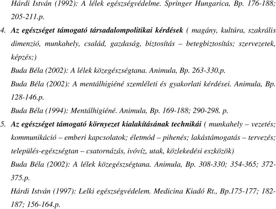 közegészségtana. Animula, Bp. 263-330.p. Buda Béla (2002): A mentálhigiéné szemléleti és gyakorlati kérdései. Animula, Bp. 128-146.p. Buda Béla (1994): Mentálhigiéné. Animula, Bp. 169-188; 290-298. p.