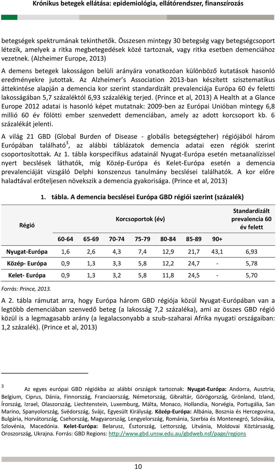 Az Alzheimer s Association 2013-ban készített szisztematikus áttekintése alapján a demencia kor szerint standardizált prevalenciája Európa 60 év feletti lakosságában 5,7 százaléktól 6,93 százalékig