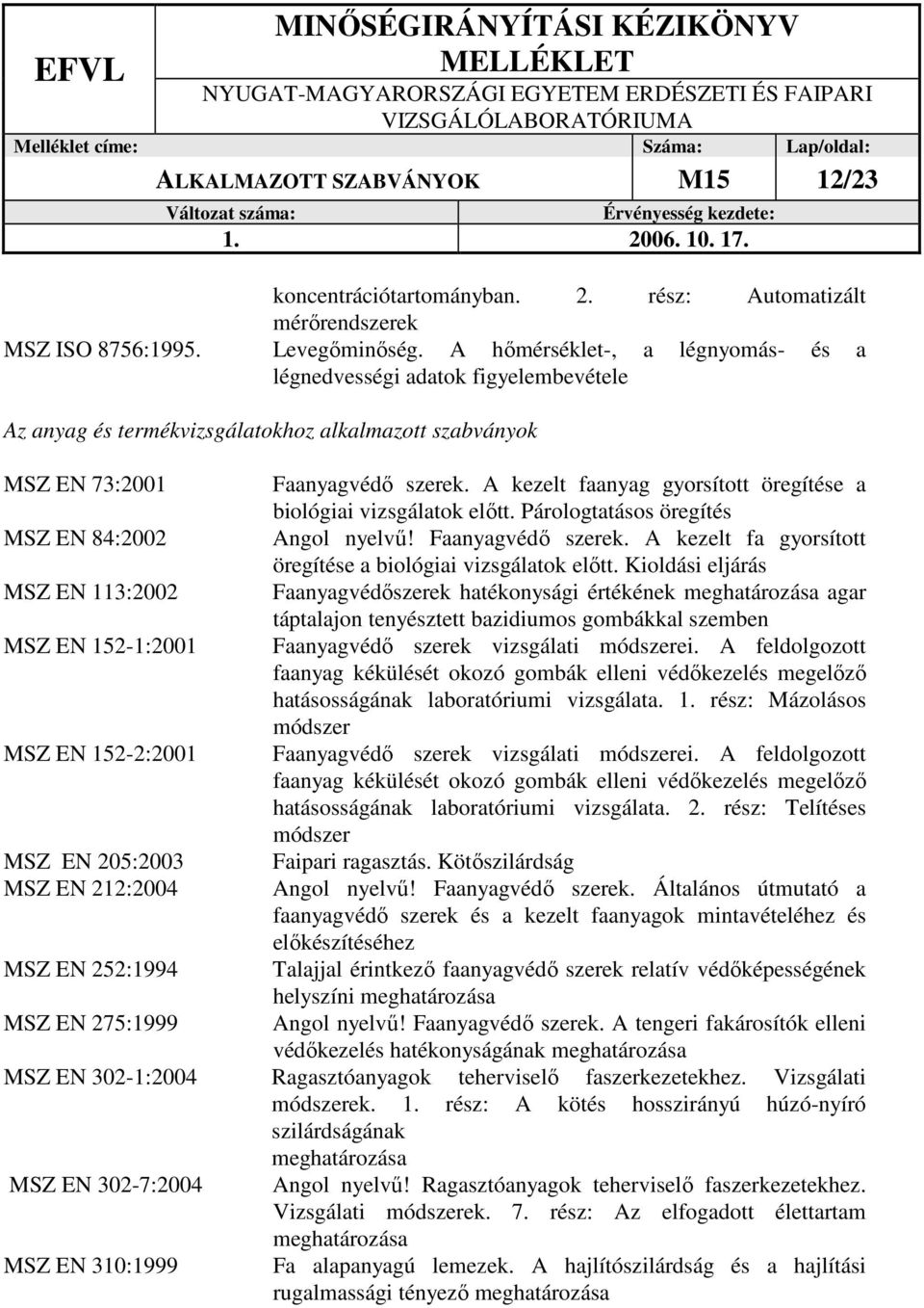 152-2:2001 MSZ EN 205:2003 MSZ EN 212:2004 MSZ EN 252:1994 MSZ EN 275:1999 Faanyagvédı szerek. A kezelt faanyag gyorsított öregítése a biológiai vizsgálatok elıtt.