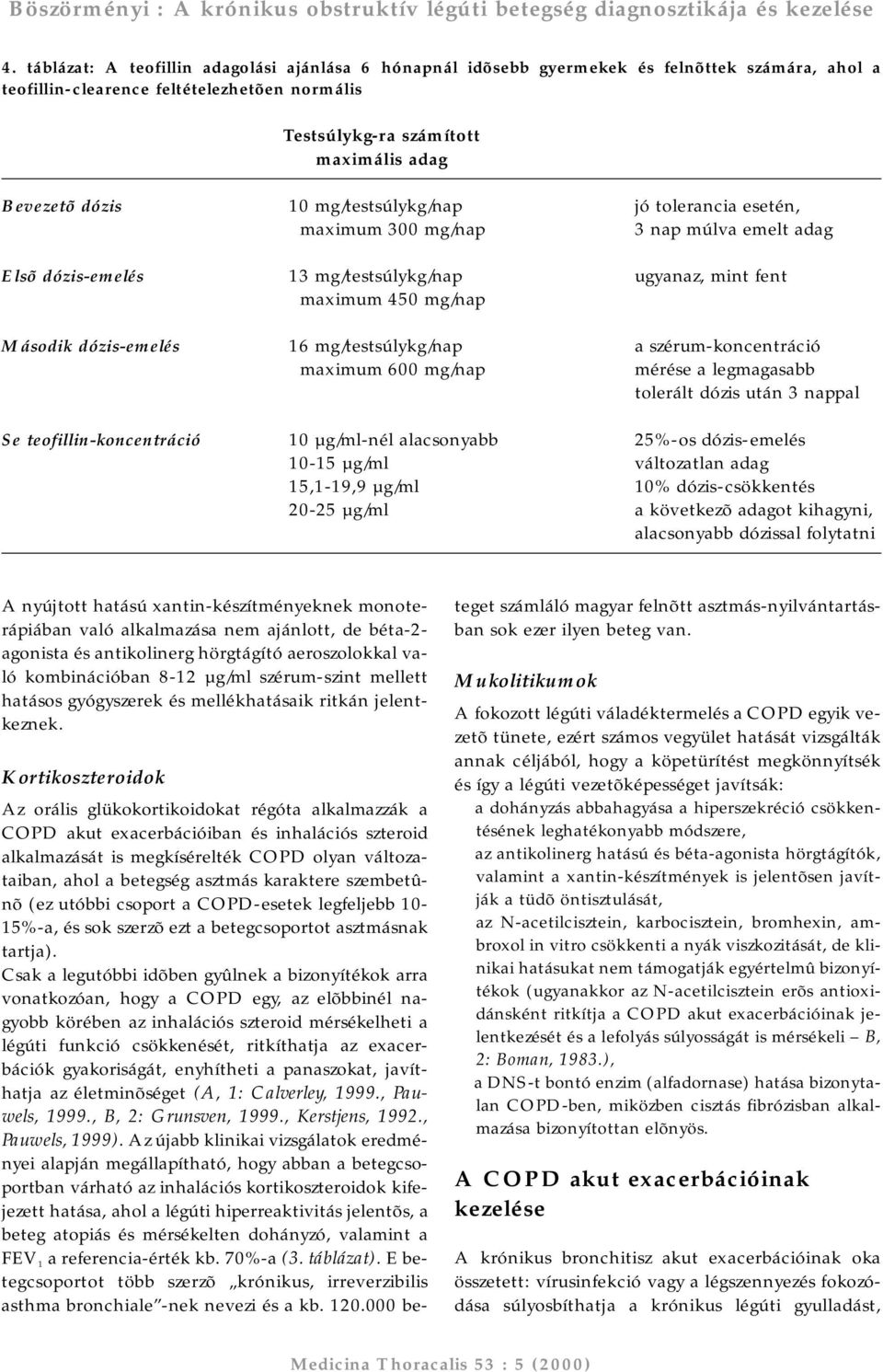 mg/testsúlykg/nap a szérum-koncentráció maximum 600 mg/nap mérése a legmagasabb tolerált dózis után 3 nappal Se teofillin-koncentráció 10 µg/ml-nél alacsonyabb 25%-os dózis-emelés 10-15 µg/ml