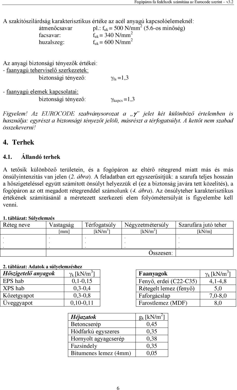 biztonsági tényező: apcs =1,3 Figyelem! Az EUROCODE szabványsorozat a jelet ét ülönböző értelemben is használja: egyrészt a biztonsági tényezőt jelöli, másrészt a térfogatsúlyt.