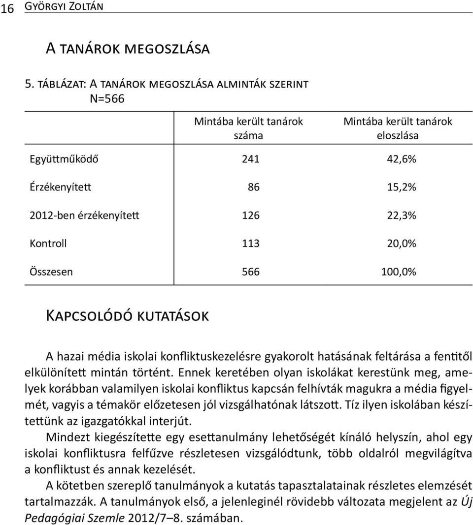 Kontroll 113 20,0% Összesen 566 100,0% Kapcsolódó kutatások A hazai média iskolai konfliktuskezelésre gyakorolt hatásának feltárása a fentitől elkülönített mintán történt.