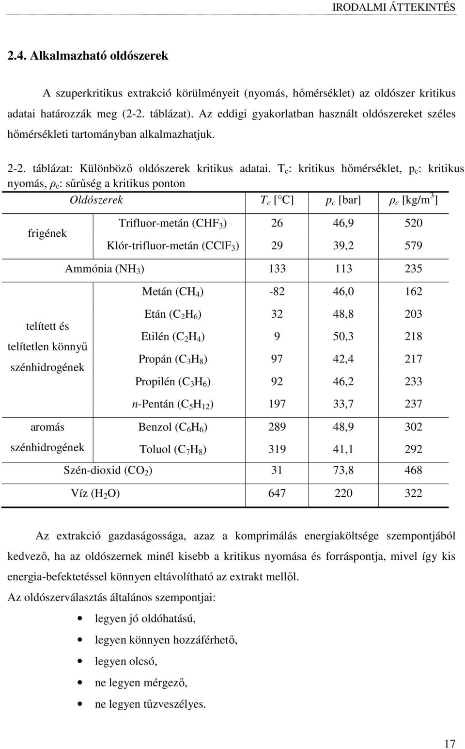 T c : kritikus hımérséklet, p c : kritikus nyomás, ρ c : sőrőség a kritikus ponton Oldószerek T c [ C] p c [bar] ρ c [kg/m 3 ] frigének Trifluor-metán (CHF 3 ) 26 46,9 520 Klór-trifluor-metán (CClF 3