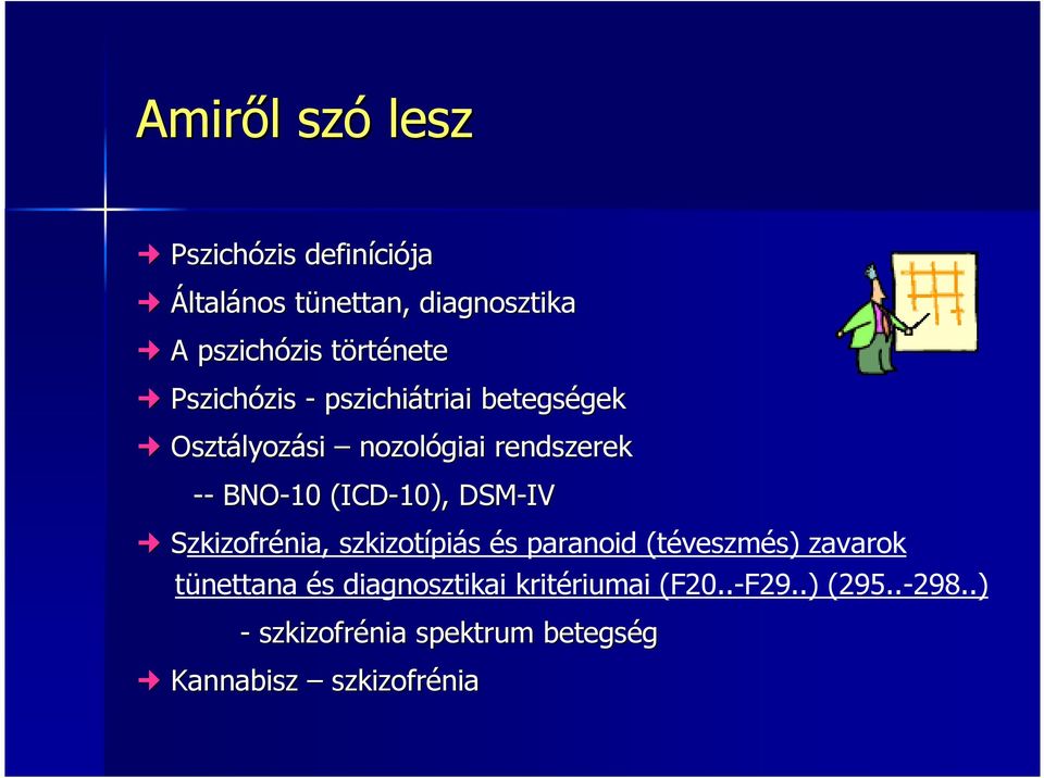 -- BNO-10 (ICD-10), DSM-IV Szkizofrénia, szkizotípiás és paranoid (téveszmés) zavarok tünettana és