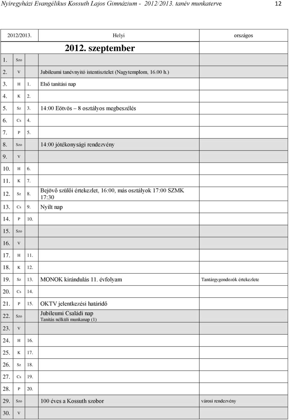 P 10. 15. Szo 16. V 17. H 11. 18. K 12. Bejövő szülői értekezlet, 16:00, más osztályok 17:00 SZMK 17:30 19. Sz 13. MONOK kirándulás 11. évfolyam Tantárgygondozók értekezlete 20. Cs 14. 21. P 15.