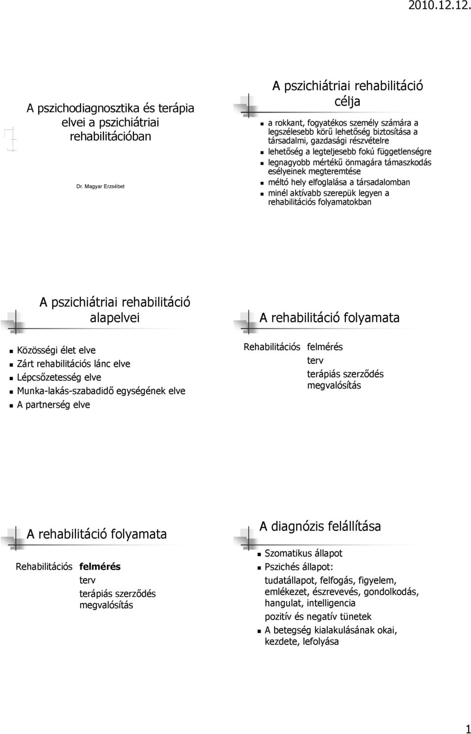 függetlenségre legnagyobb mértékű önmagára támaszkodás esélyeinek megteremtése méltó hely elfoglalása a társadalomban minél aktívabb szerepük legyen a rehabilitációs folyamatokban A pszichiátriai