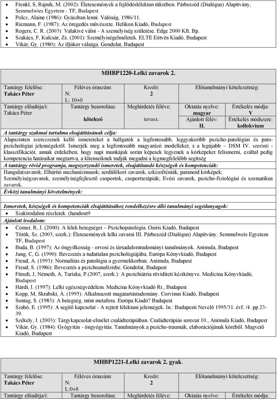 (2001): Személyiségelméletek. ELTE Eötvös Kiadó, Budapest Vikár, Gy. (1980): Az ifjúkor válsága. Gondolat, Budapest L: 10+0 MHBP1220-Lelki zavarok 2. 2 V. II.