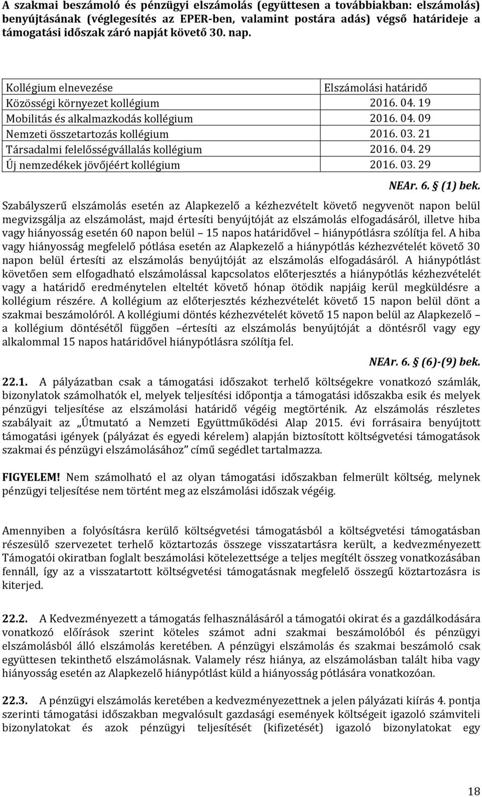 21 Társadalmi felelősségvállalás kollégium 2016. 04. 29 Új nemzedékek jövőjéért kollégium 2016. 03. 29 NEAr. 6. (1) bek.