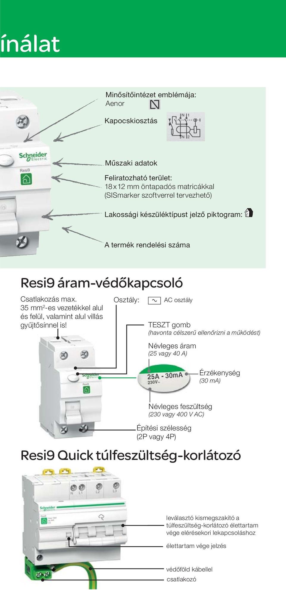Osztály: a AC osztály TESZT gomb (havonta célszerű ellenőrizni a működést) áram (25 vagy 40 A) Érzékenység (30 ma) feszültség (230 vagy 400 V AC) Építési szélesség (2P
