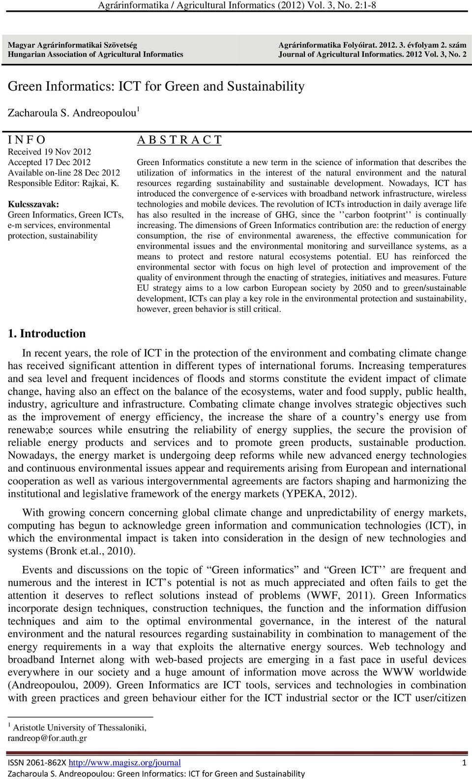 Andreopoulou 1 I N F O Received 19 Nov 2012 Accepted 17 Dec 2012 Available on-line 28 Dec 2012 Responsible Editor: Rajkai, K.