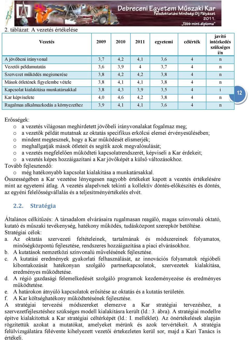 alkalmazkodás a környezethez 3,9 4,1 4,1 3,6 4 n 12 Erősségek: o a vezetés világosan meghirdetett jövőbeli irányvonalakat fogalmaz meg; o a vezetők példát mutatnak az oktatás specifikus erkölcsi