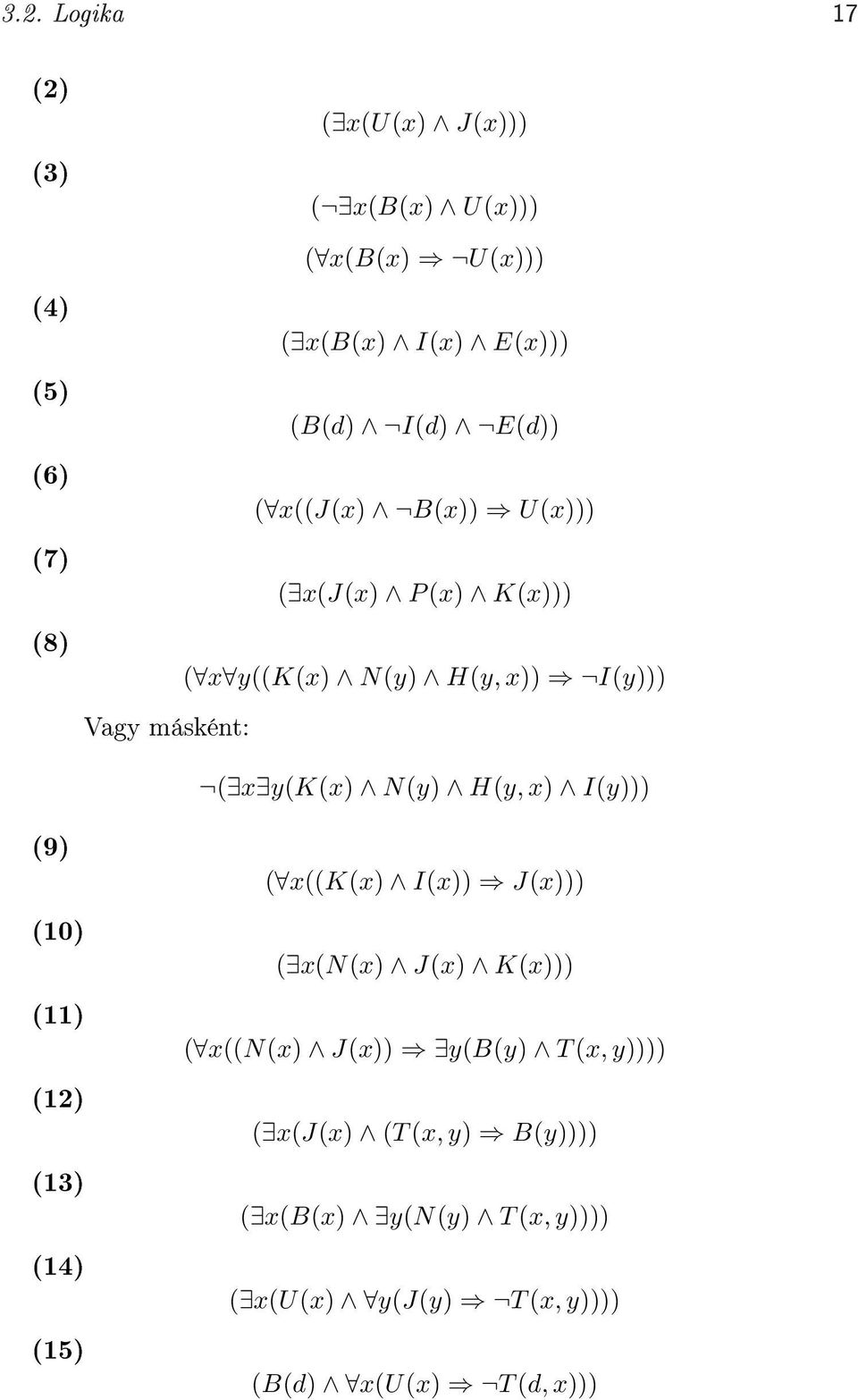(12) (13) (14) (15) ( x y(k(x) N(y) H(y, x) I(y))) ( x((k(x) I(x)) J(x))) ( x(n(x) J(x) K(x))) ( x((n(x) J(x)) y(b(y)