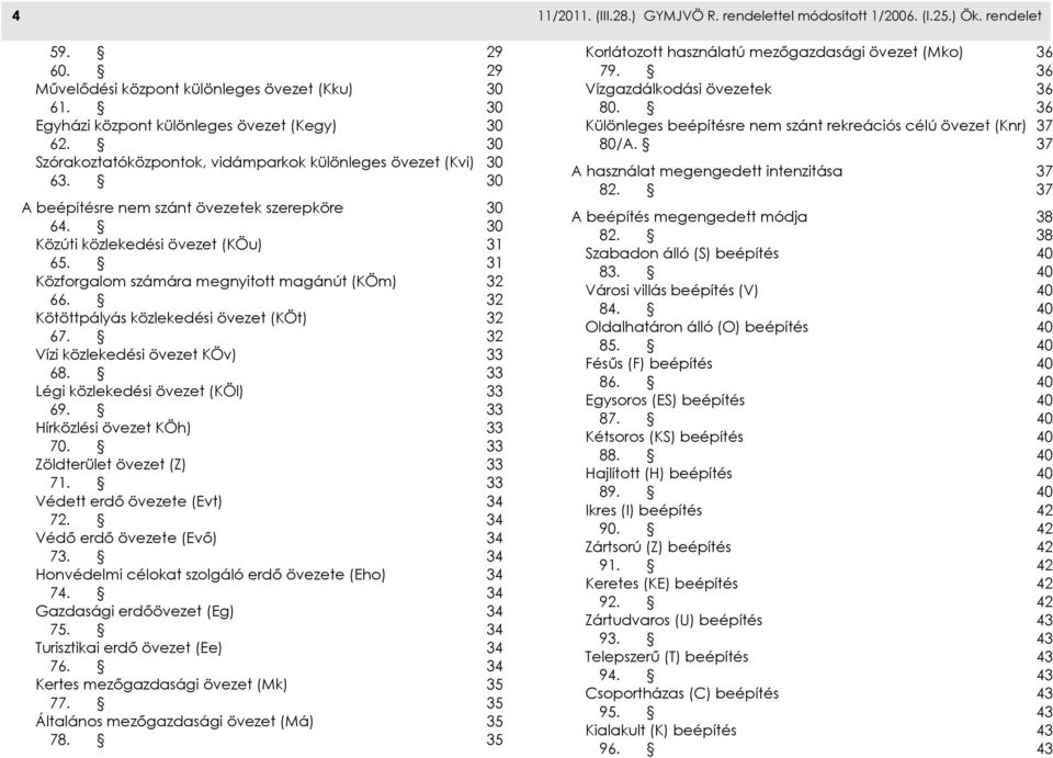 32 Vízi közlekedési övezet KÖv) 33 68. 33 Légi közlekedési övezet (KÖl) 33 69. 33 Hírközlési övezet KÖh) 33 70. 33 Zöldterület övezet (Z) 33 71. 33 Védett erdő övezete (Evt) 34 72.