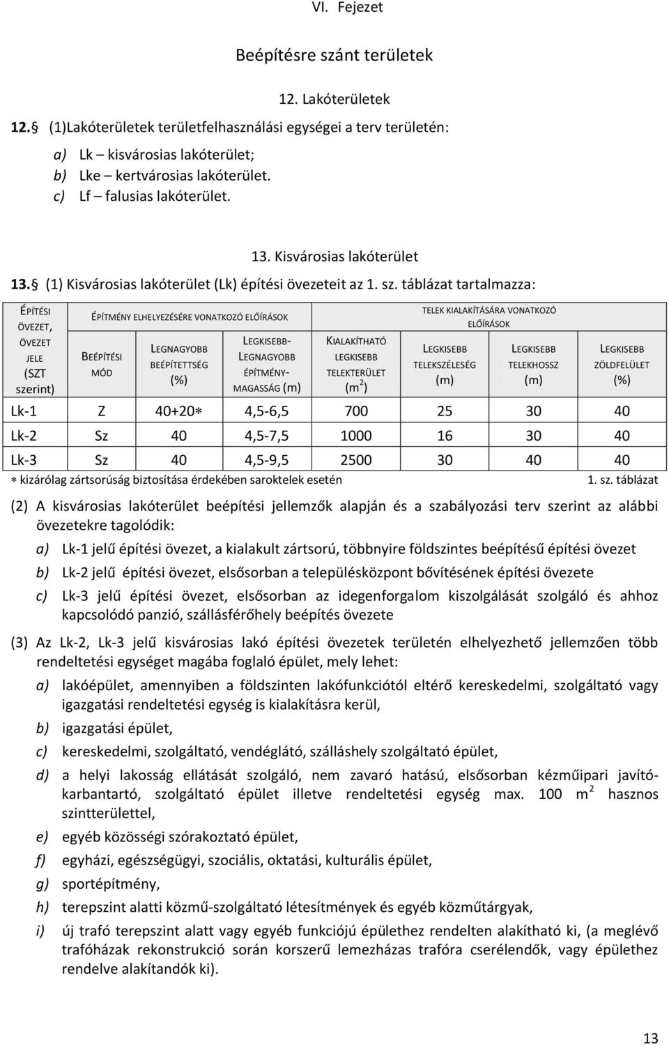 táblázat tartalmazza: ÉPÍTÉSI ÖVEZET, ÖVEZET JELE (SZT szerint) ÉPÍTMÉNY ELHELYEZÉSÉRE VONATKOZÓ ELŐÍRÁSOK BEÉPÍTÉSI MÓD LEGNAGYOBB BEÉPÍTETTSÉG (%) - LEGNAGYOBB ÉPÍTMÉNY- MAGASSÁG (m) KIALAKÍTHATÓ