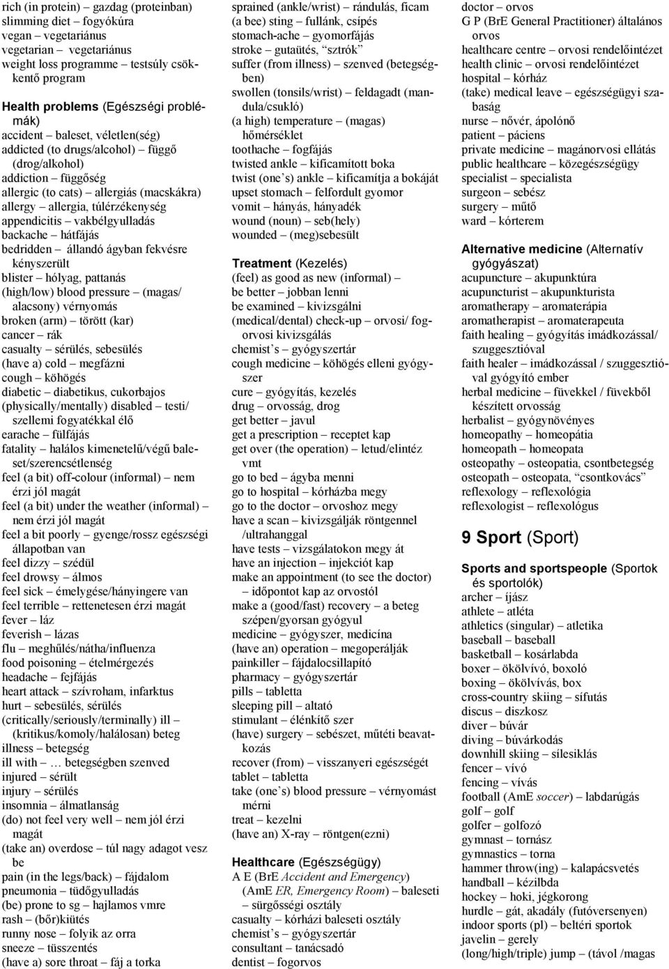 vakbélgyulladás backache hátfájás bedridden állandó ágyban fekvésre kényszerült blister hólyag, pattanás (high/low) blood pressure (magas/ alacsony) vérnyomás broken (arm) törött (kar) cancer rák