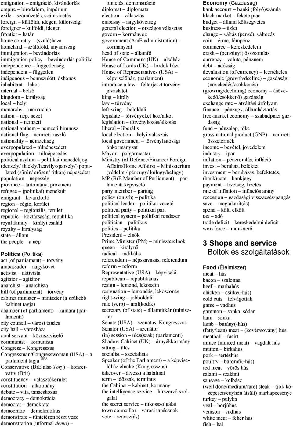 internal belső kingdom királyság local helyi monarchy monarchia nation nép, nezet national nemzeti national anthem nemzeti himnusz national flag nemzeti zászló nationality nemzetiség overpopulated