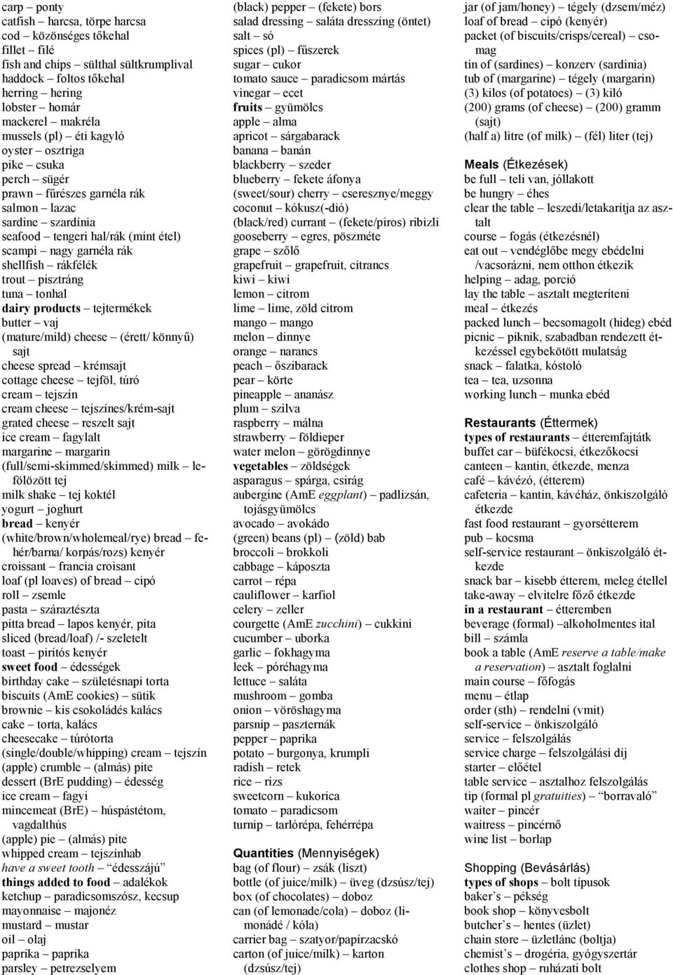 tuna tonhal dairy products tejtermékek butter vaj (mature/mild) cheese (érett/ könnyű) sajt cheese spread krémsajt cottage cheese tejföl, túró cream tejszín cream cheese tejszínes/krém-sajt grated