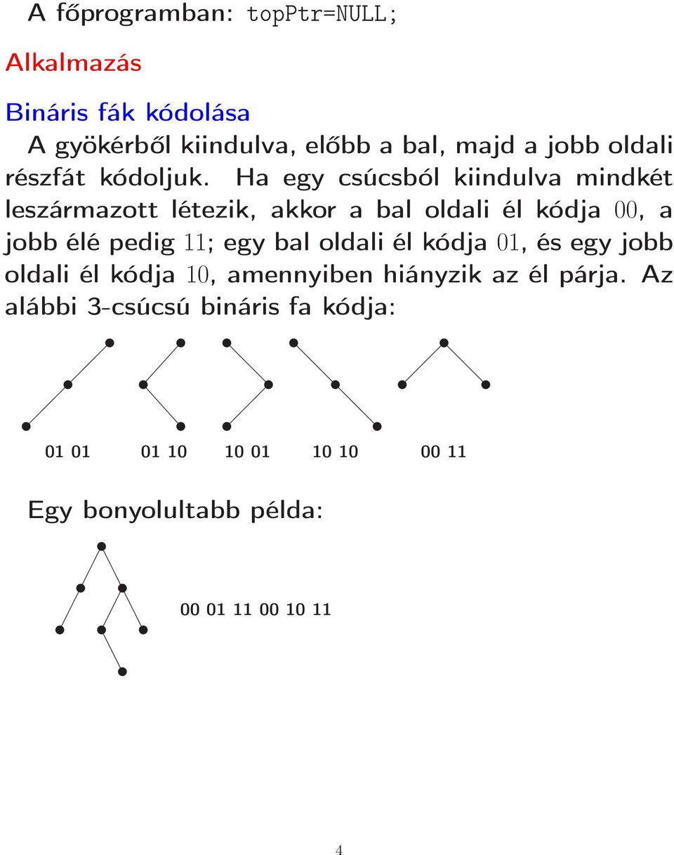 Ha egy csúcsból kiindulva mindkét leszármazott létezik, akkor a bal oldali él kódja 00, a jobb élé pedig 11;