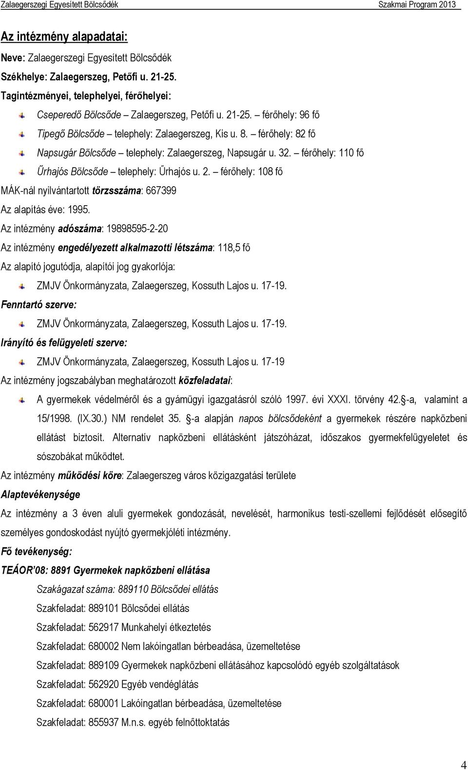 férőhely: 108 fő MÁK-nál nyilvántartott törzsszáma: 667399 Az alapítás éve: 1995.