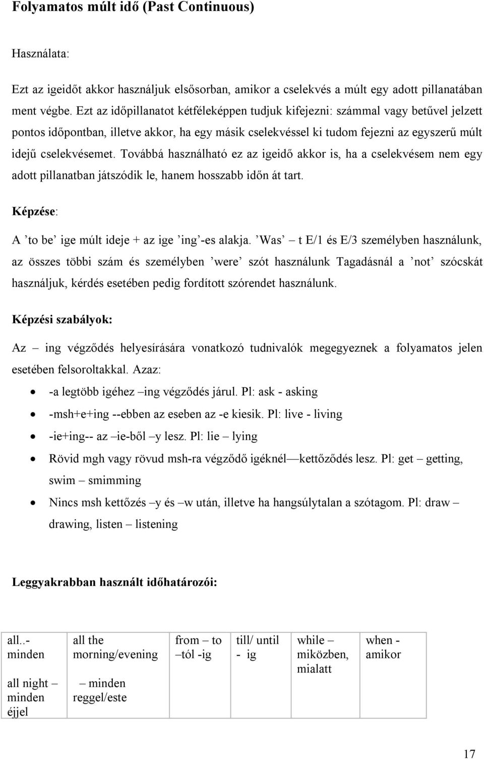 Továbbá használható ez az igeidő akkor is, ha a cselekvésem nem egy adott pillanatban játszódik le, hanem hosszabb időn át tart. Képzése: A to be ige múlt ideje + az ige ing -es alakja.