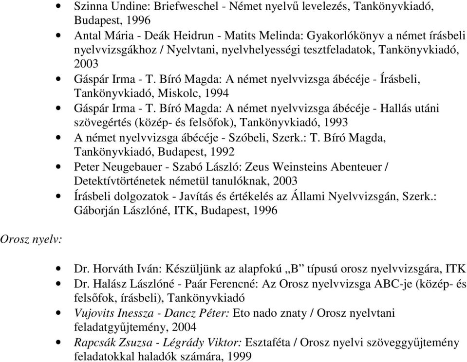 Bíró Magda: A német nyelvvizsga ábécéje - Hallás utáni szövegértés (közép- és felsőfok), Tankönyvkiadó, 1993 A német nyelvvizsga ábécéje - Szóbeli, Szerk.: T.