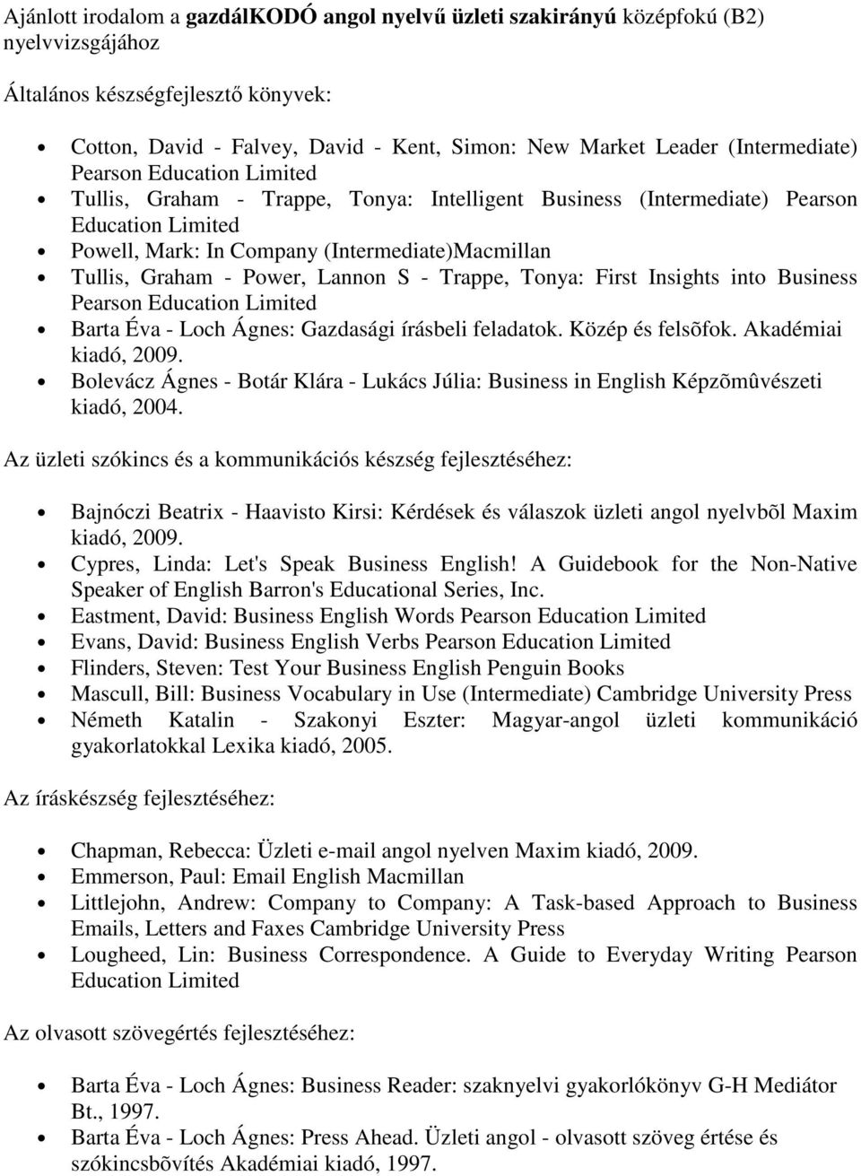 - Power, Lannon S - Trappe, Tonya: First Insights into Business Pearson Education Limited Barta Éva - Loch Ágnes: Gazdasági írásbeli feladatok. Közép és felsõfok. Akadémiai kiadó, 2009.