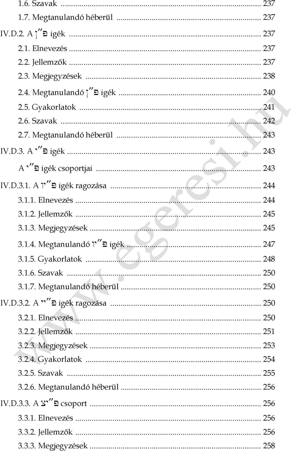 1.3. Megjegyzések... 245 3.1.4. Megtanulandó wy P igék... 247 3.1.5. Gyakorlatok... 248 3.1.6. Szavak... 250 3.1.7. Megtanulandó héberül... 250 IV.D.3.2. A yy P igék ragozása... 250 3.2.1. Elnevezés.