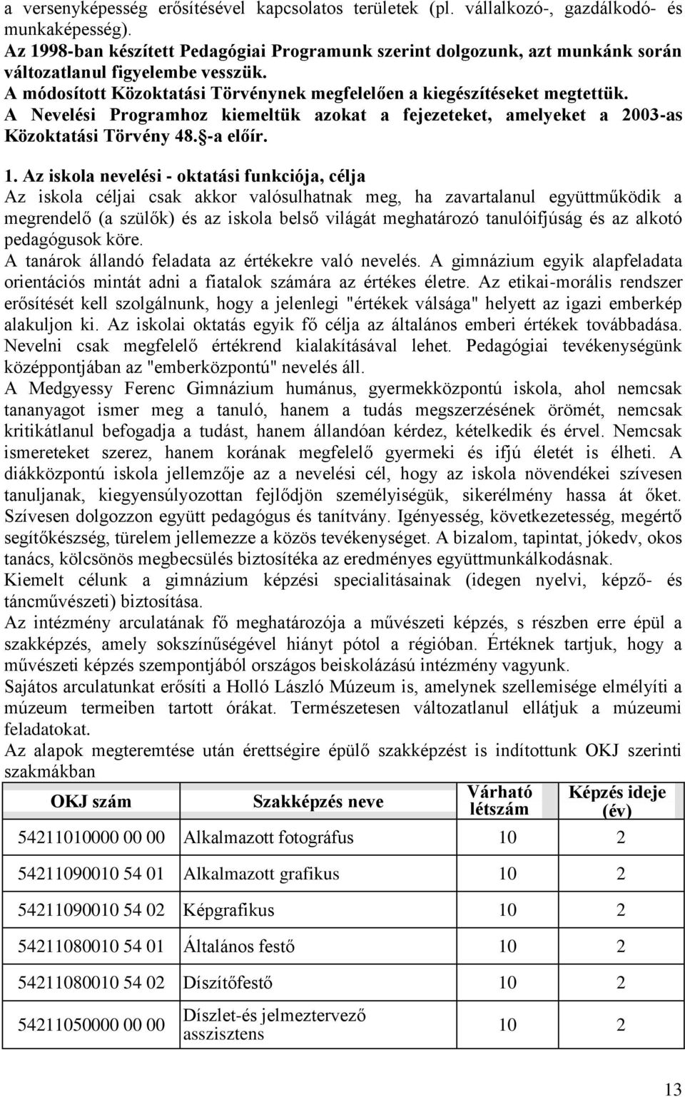 A Nevelési Programhoz kiemeltük azokat a fejezeteket, amelyeket a 2003-as Közoktatási Törvény 48. -a előír. 1.