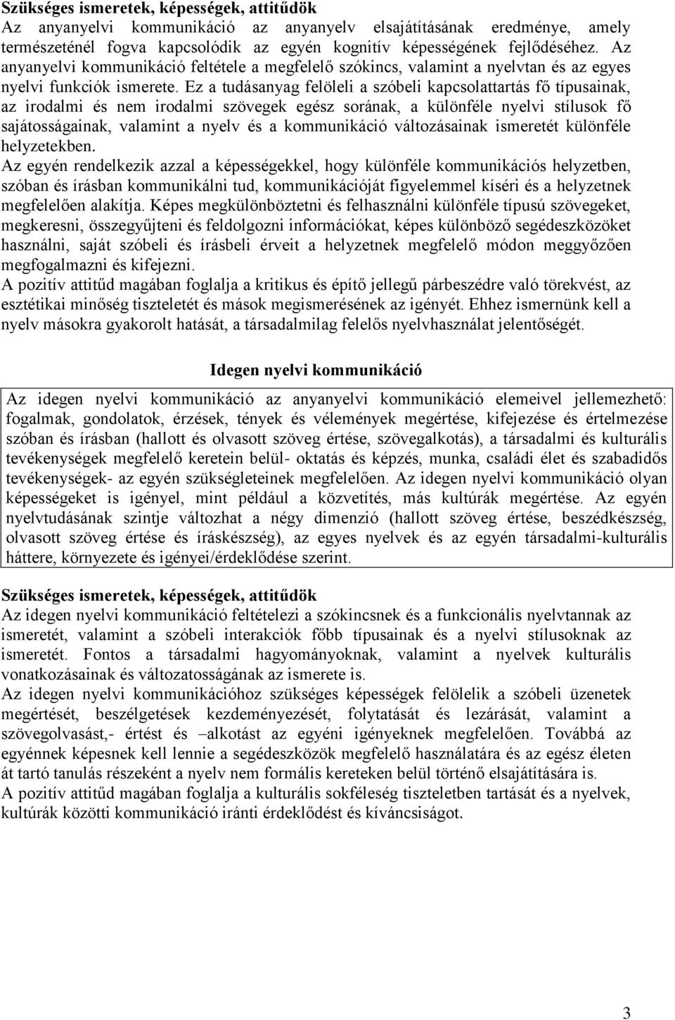 Ez a tudásanyag felöleli a szóbeli kapcsolattartás fő típusainak, az irodalmi és nem irodalmi szövegek egész sorának, a különféle nyelvi stílusok fő sajátosságainak, valamint a nyelv és a