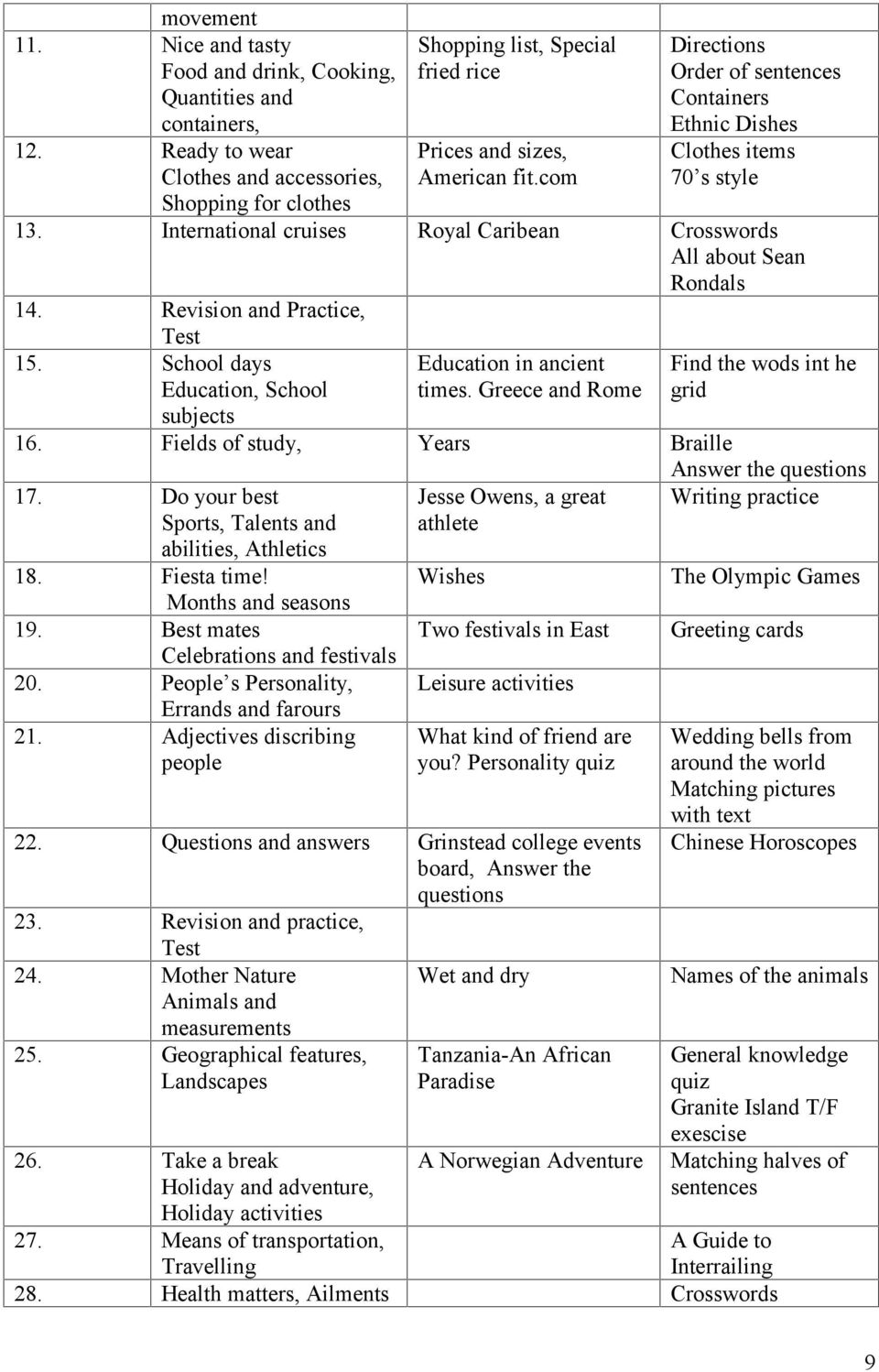 Revision and Practice, Test 15. School days Education, School subjects Education in ancient times. Greece and Rome Find the wods int he grid 16. Fields of study, Years Braille Answer the questions 17.