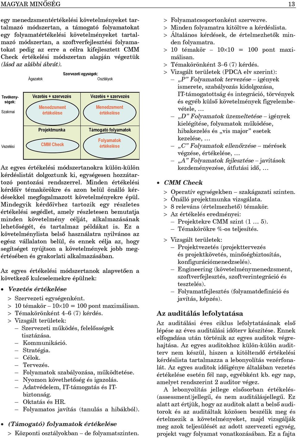 Tevékenységek: Szakmai Vezetési Ágazatok Vezetés + szervezés Menedzsment értékelése Projektmunka CMM Check Szervezeti egységek: Osztályok Vezetés + szervezés Menedzsment értékelése Támogató