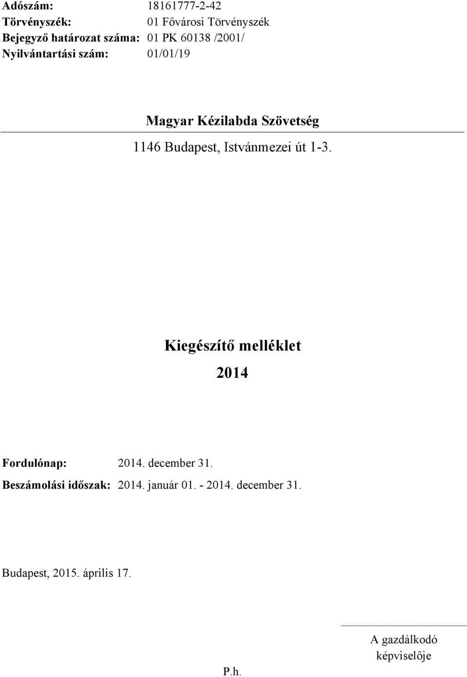 Istvánmezei út 1-3. Kiegészítő melléklet 2014 Fordulónap: 2014. december 31.