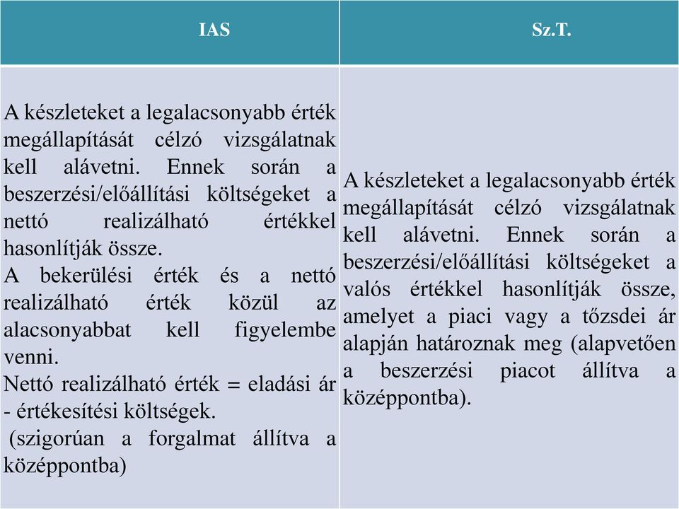 A bekerülési érték és a nettó realizálható érték közül az alacsonyabbat kell figyelembe venni. Nettó realizálható érték = eladási ár - értékesítési költségek.