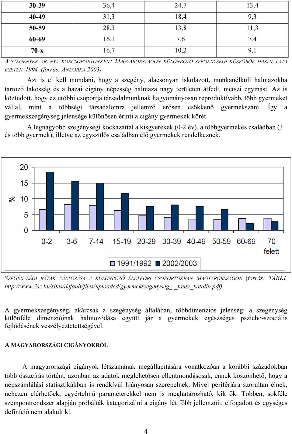 (forrás: ANDORKA 2003) Azt is el kell mondani, hogy a szegény, alacsonyan iskolázott, munkanélküli halmazokba tartozó lakosság és a hazai cigány népesség halmaza nagy területen átfedi, metszi egymást.