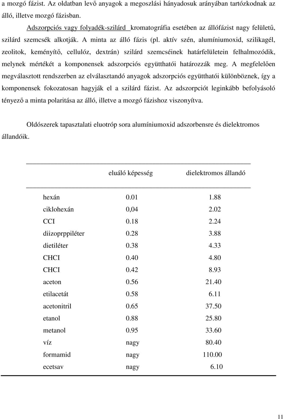 aktív szén, alumíniumoxid, szilikagél, zeolitok, keményítő, cellulóz, dextrán) szilárd szemcséinek határfelületein felhalmozódik, melynek mértékét a komponensek adszorpciós együtthatói határozzák meg.