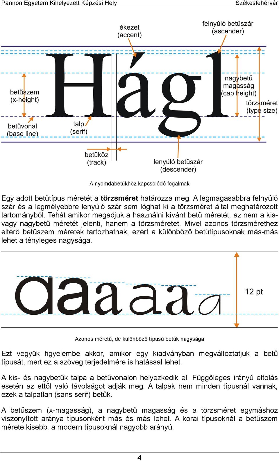 Tehát amikor megadjuk a használni kívánt betű méretét, az nem a kisvagy nagybetű méretét jelenti, hanem a törzsméretet.