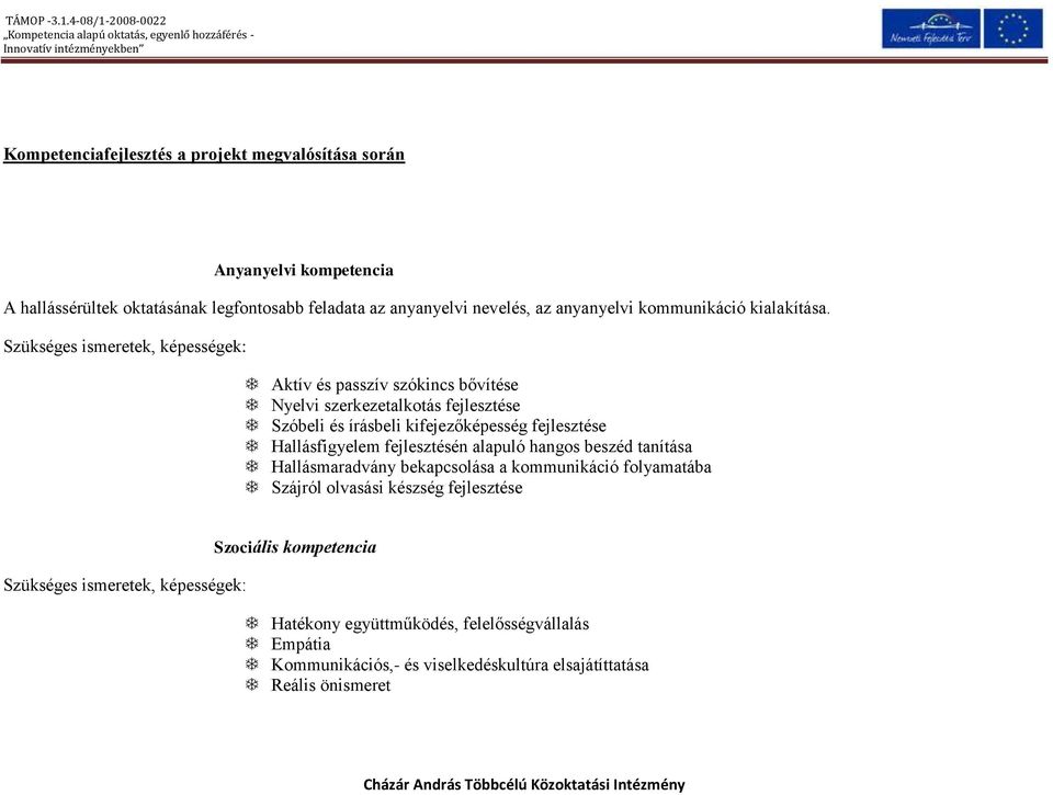 Szükséges ismeretek, képességek: Aktív és passzív szókincs bővítése Nyelvi szerkezetalkotás fejlesztése Szóbeli és írásbeli kifejezőképesség fejlesztése Hallásfigyelem